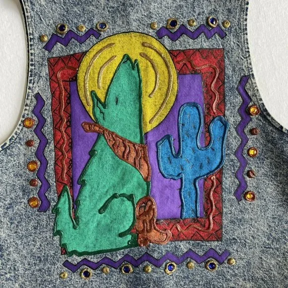 Vintage 80s 90s Hand Painted South Western Acid Wash Denim Vest MEDIUM - Picture 2 of 7